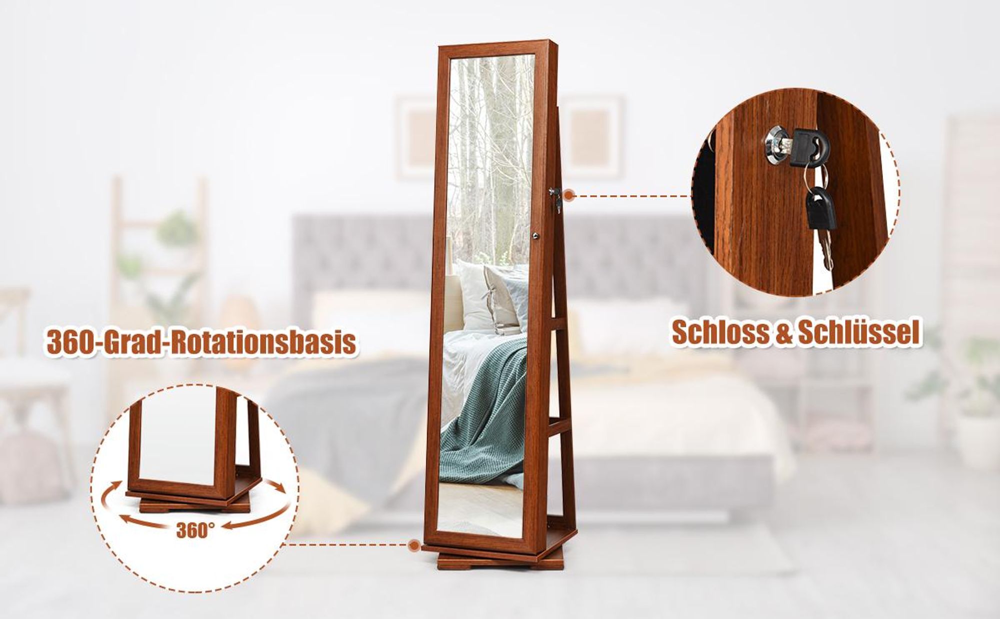 COSTWAY Schmuckschrank, Spiegelschrank mit Ganzkörperspiegel & eingebauter Make-up-Spiegel, 360° drehbar, abschließbar, Schmuck-Organizer Hellbraun
