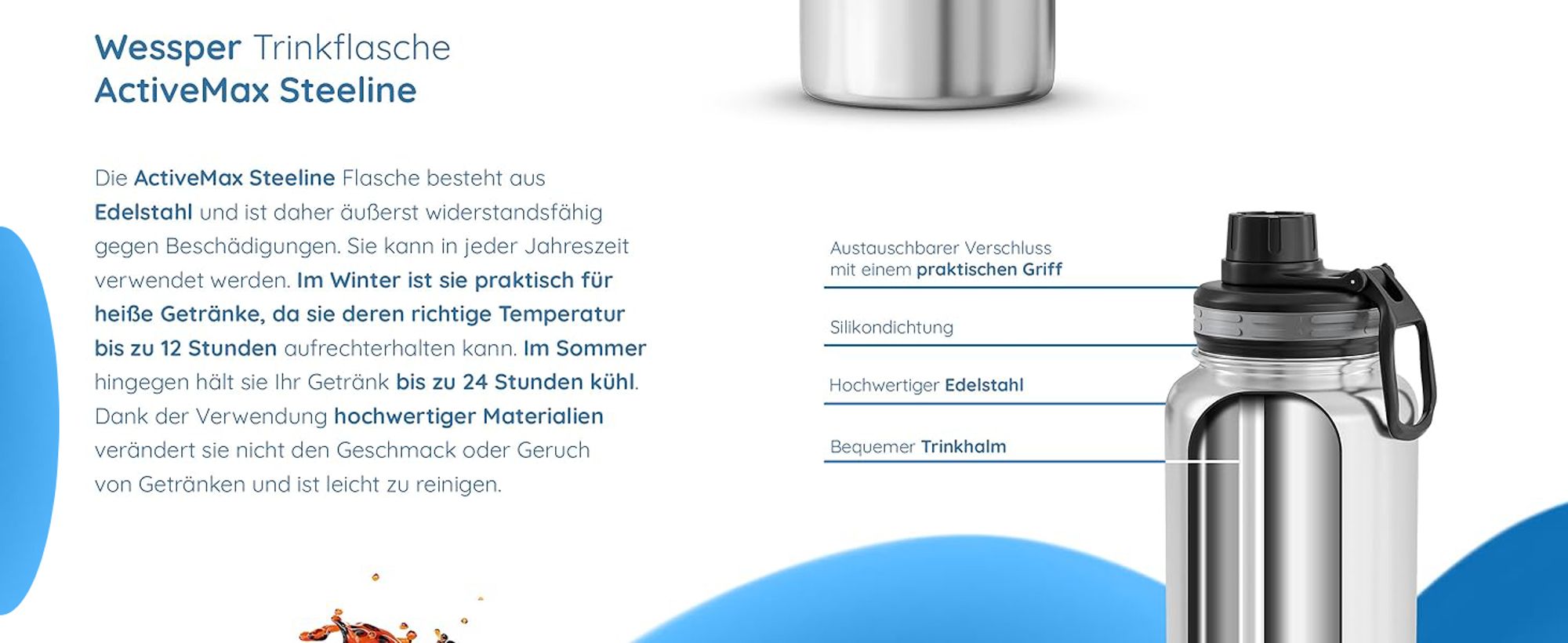 Wessper Thermosflasche Edelstahl 1000 ml, Isolierflasche 1,0 l, Farbe Schwarz