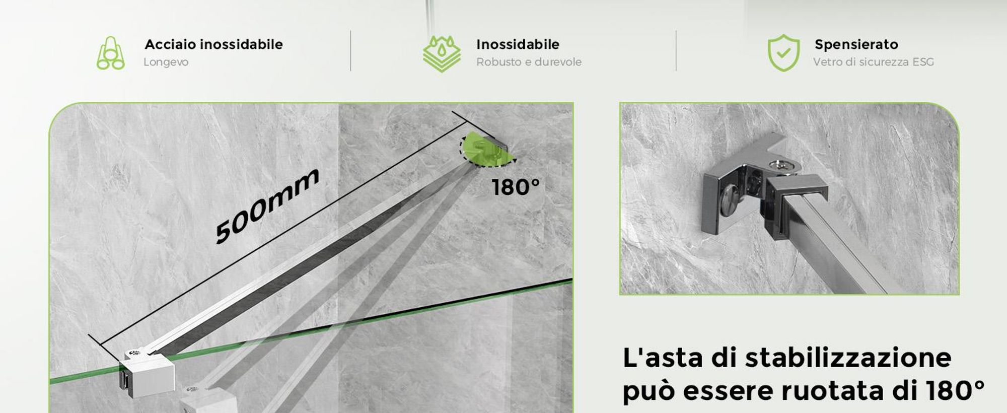 Barra stabilizzatrice per doccia 50 cm, supporto per parete doccia fissato nella parte superiore per vetro da 6-8 mm, barra di sostegno per parete doccia regolabile a 180°, lega di zinco, cromata