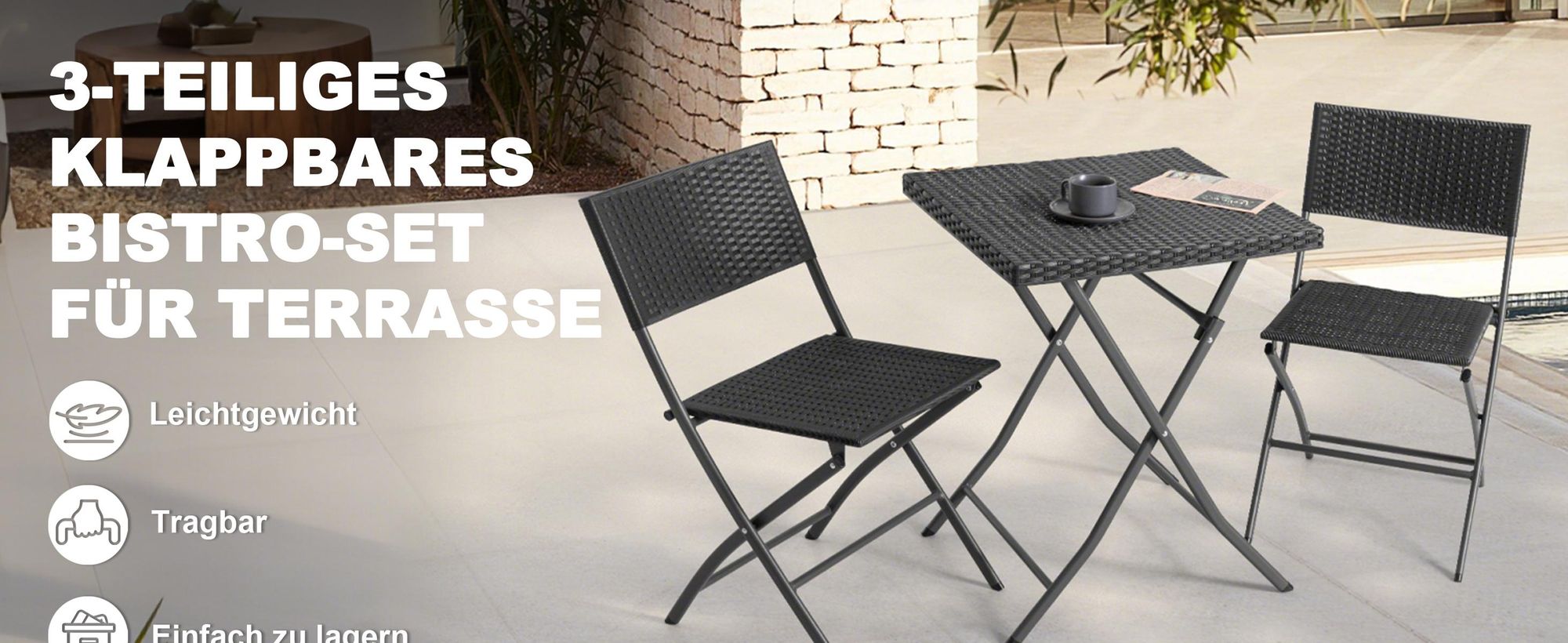 Avestar Bistroset für 2 Personen, klappbares Gartenmöbelset, wetterfestes PP-Rattan, Klapptisch mit 2 Klappstühlen, Schwarz