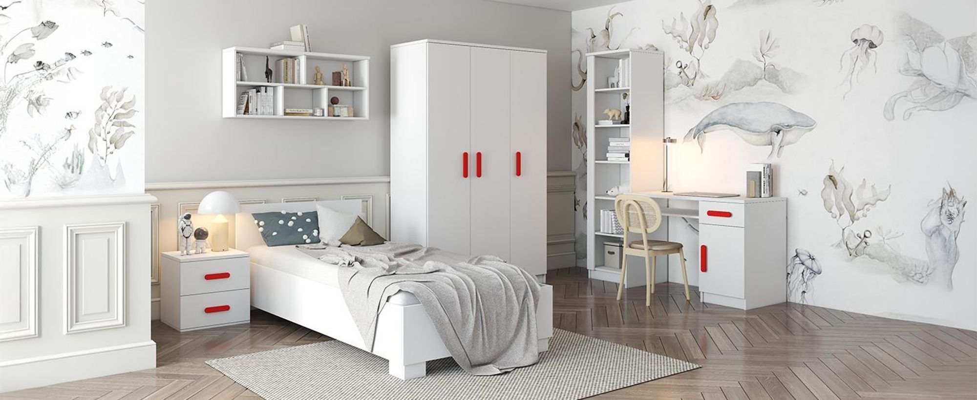 Drehtürenschrank, Kinderkleiderschrank 120 cm Weiß/Weiß, rosane Griffe JONAS I 19