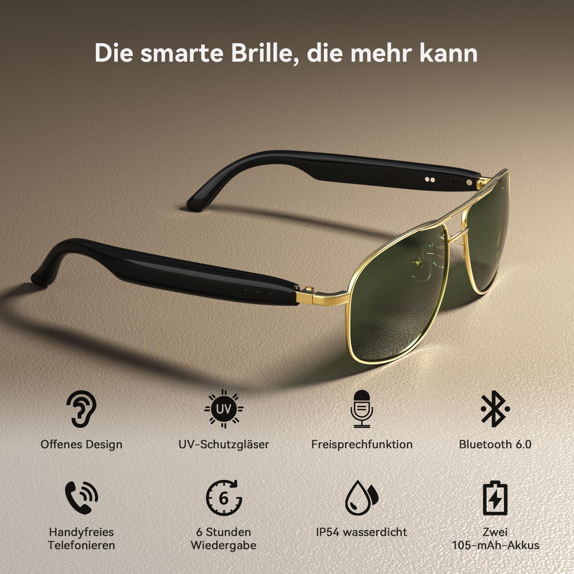 Blackview D1 Pro Smartbrille Bluetooth 6.0, 360° Raumklang, KI-Sprachsteuerung, IP54 Wasserfest, 6 Std. Musik, Leichte Metallbrille mit UV-Schutz