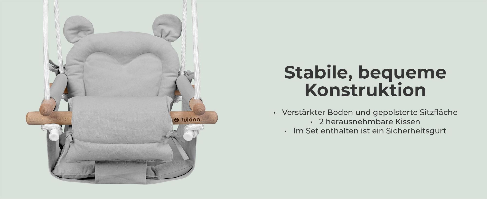 Tulano Hop 30 | Bär Babyschaukel Kinderschaukel | Indoor Outdoor | Sicherheitsgurt | Tragfähigkeit bis 60kg | von 6 bis 36 Monaten | aus Holz | Grau