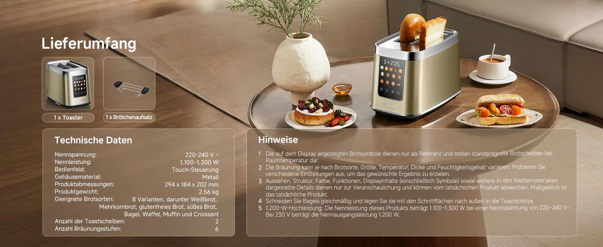 Dreame Smart Toaster 2 Scheiben,5,3-Zoll-IMD-Touchscreen,Motorisiertes Auto-Lift-Design,8 Brotprogramme&6 Bräunungsstufen,3 praktische Funktionen,Gold