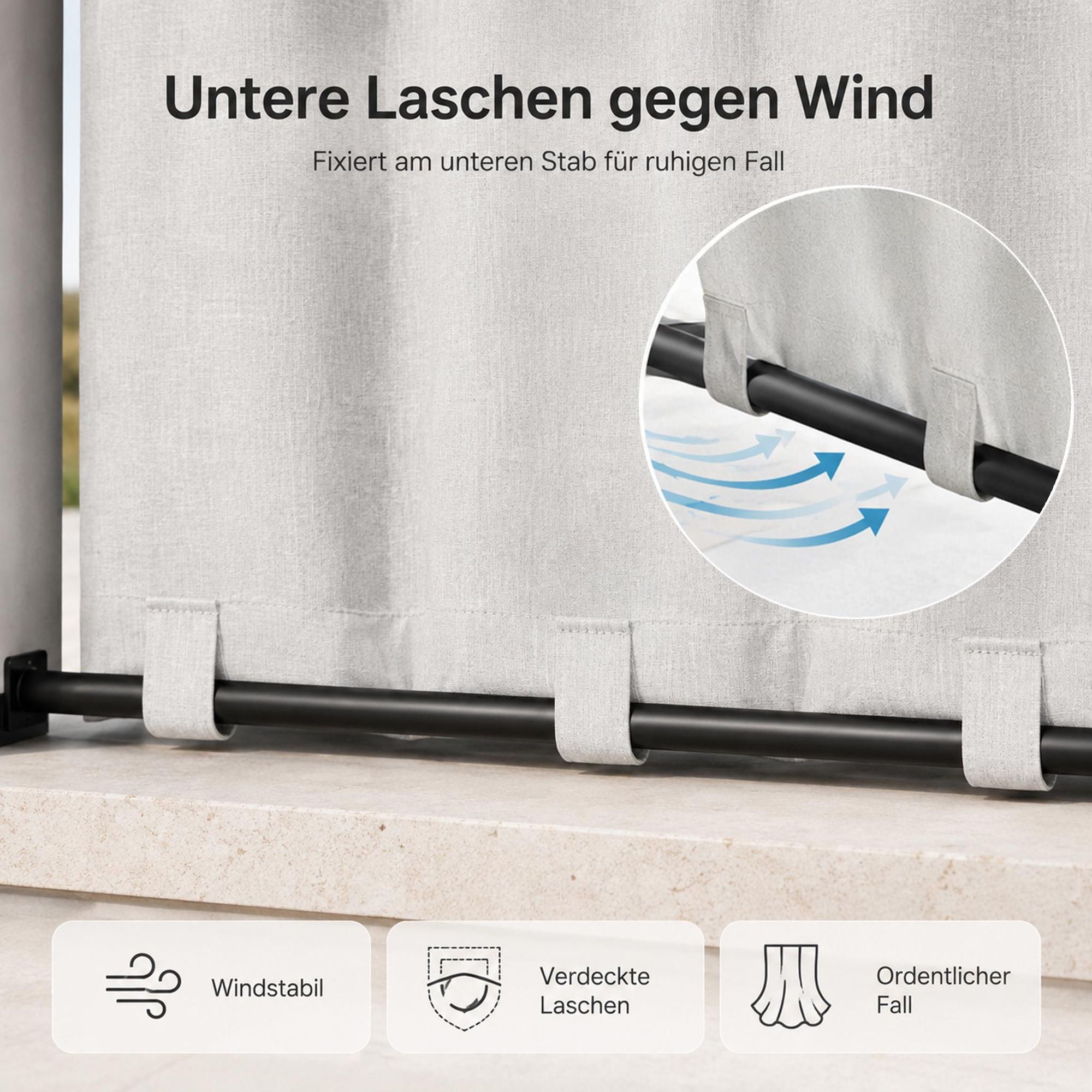 Outdoor Vorhang mit Ösen Grauweiß 254 x 214 cm Winddicht Thermo Gardine Extra Breit 100% Verdunkelung UV Schutz Blickdicht Balkonvorhang für Pavillon Terrasse