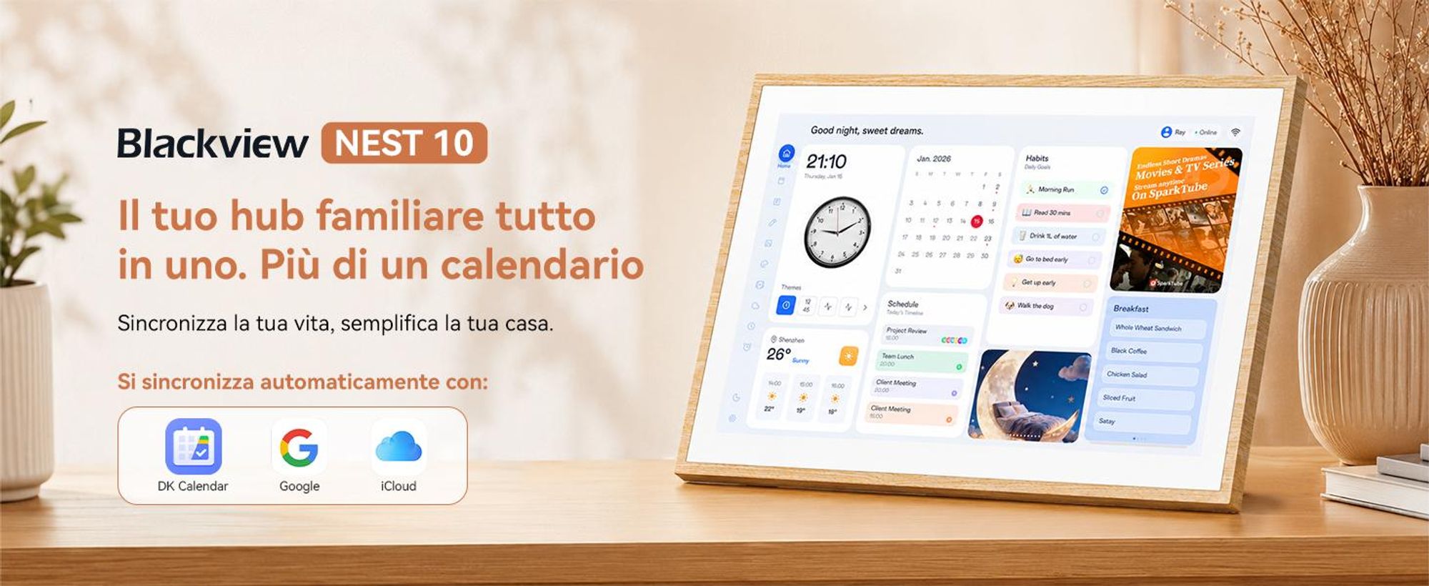 2026 NUOVO! Blackview NEST 10, calendario digitale e cornice per foto da 10,1", con touchscreen, Wi-Fi, risoluzione 1280x800, formato 16:10, condivisione foto, controllo parentale, design in legno