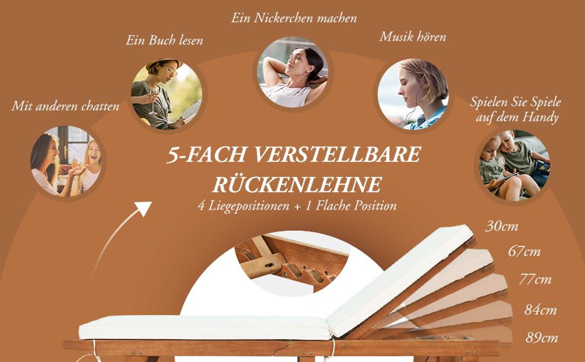 COSTWAY Sonnenliege mit Rollen & Auflage, Gartenliege mit Rückenlehne, Liegestuhl aus Holz, Balkonliege, Strandliege für Garten, Balkon & Terrasse