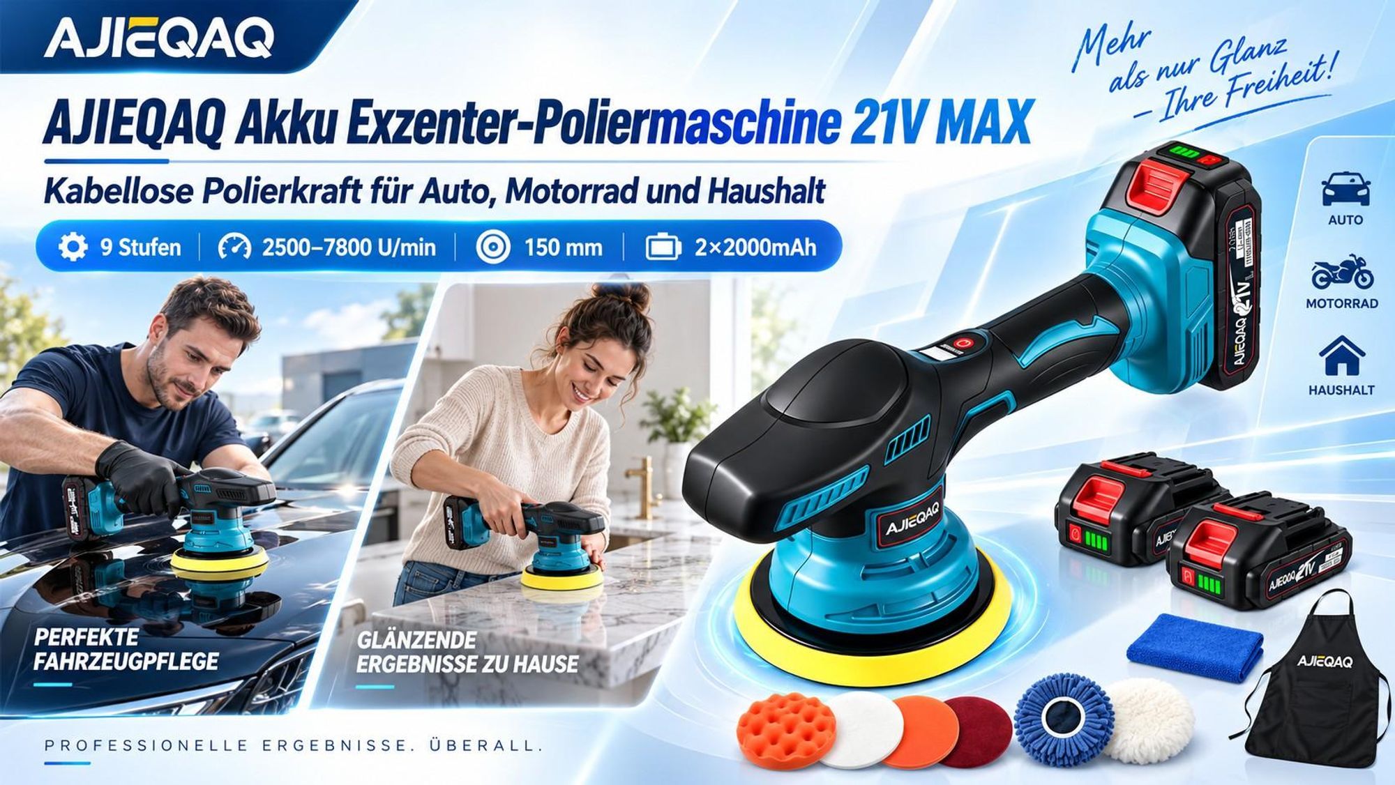 Akku-Poliermaschine 21V MAX, Exzenter-Poliermaschine 150 mm, 9 Stufen, 2500–7800 U/min, 2×2,0Ah Akkus, Soft Start