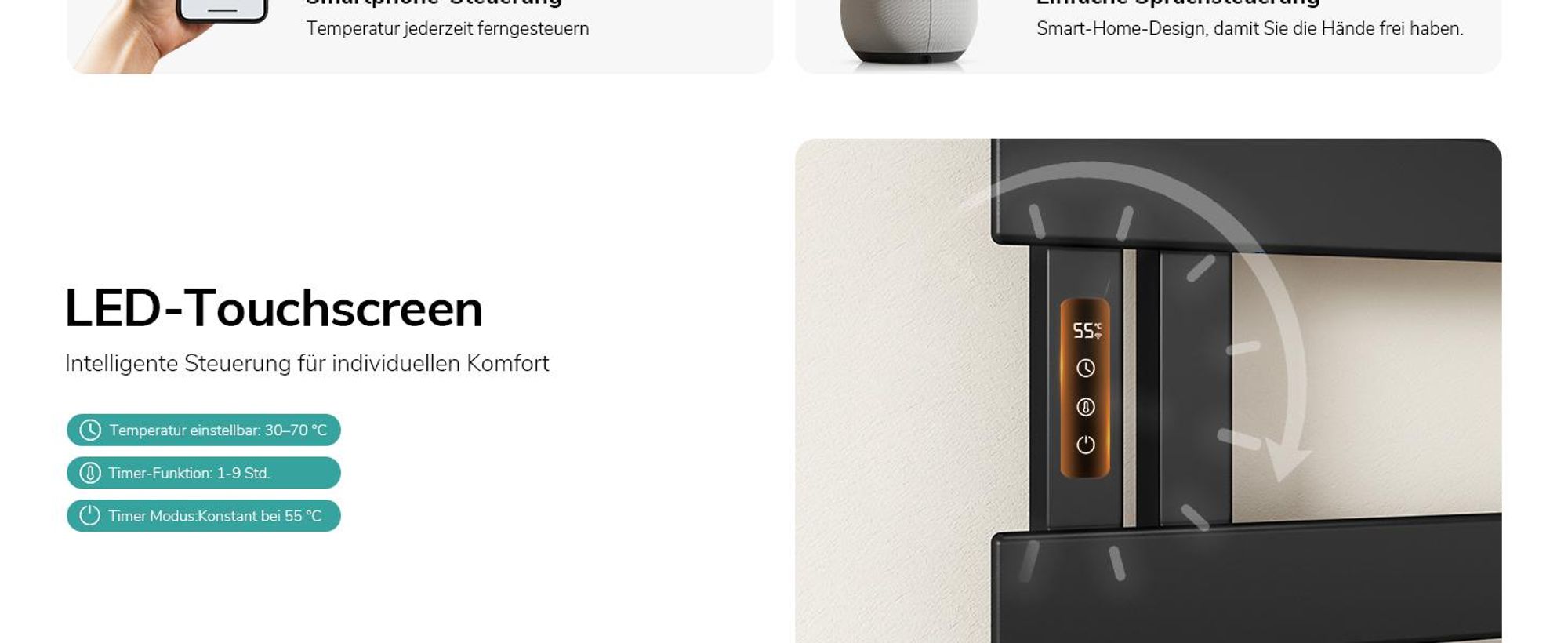 EMKE Elektrischer Handtuchheizkörper, WiFi APP Steuerung LED Touchscreen mit Timer, Handtuchtrockner 100x50cm 320W Schwarz