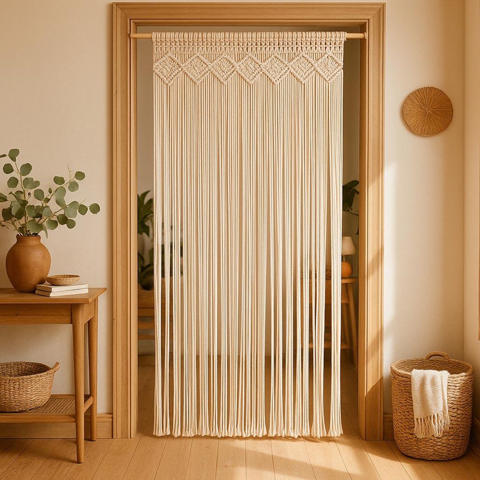 Kobolo Türvorhang Makramee Vorhang TWINE 95x210cm beige 132 Stränge rechteckig Wohnzimmer Vorhänge hängende Trennwände Streifenvorhang Insektenschutz