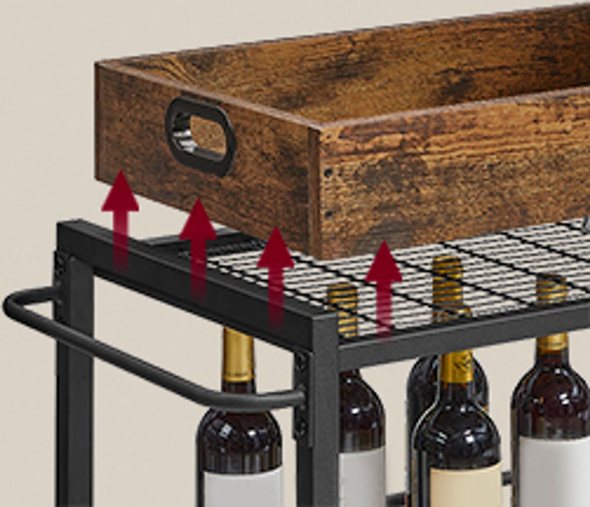 VASAGLE Servierwagen mit abnehmbarem Tablett, verstellbaren Füßen und Rollen, Vintagebraun-Tintenschwarz