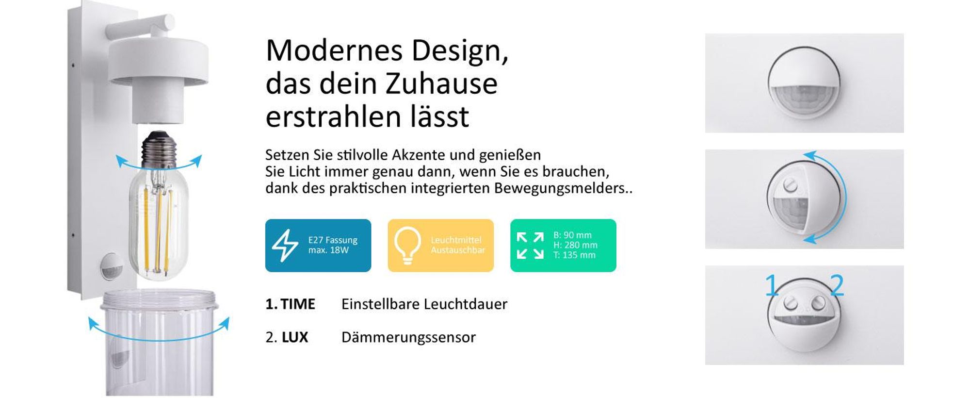 Außenwandleuchte mit Sensor 4052B1 Weiß, IP44, E27-Fassung, 120° Bewegungsmelder