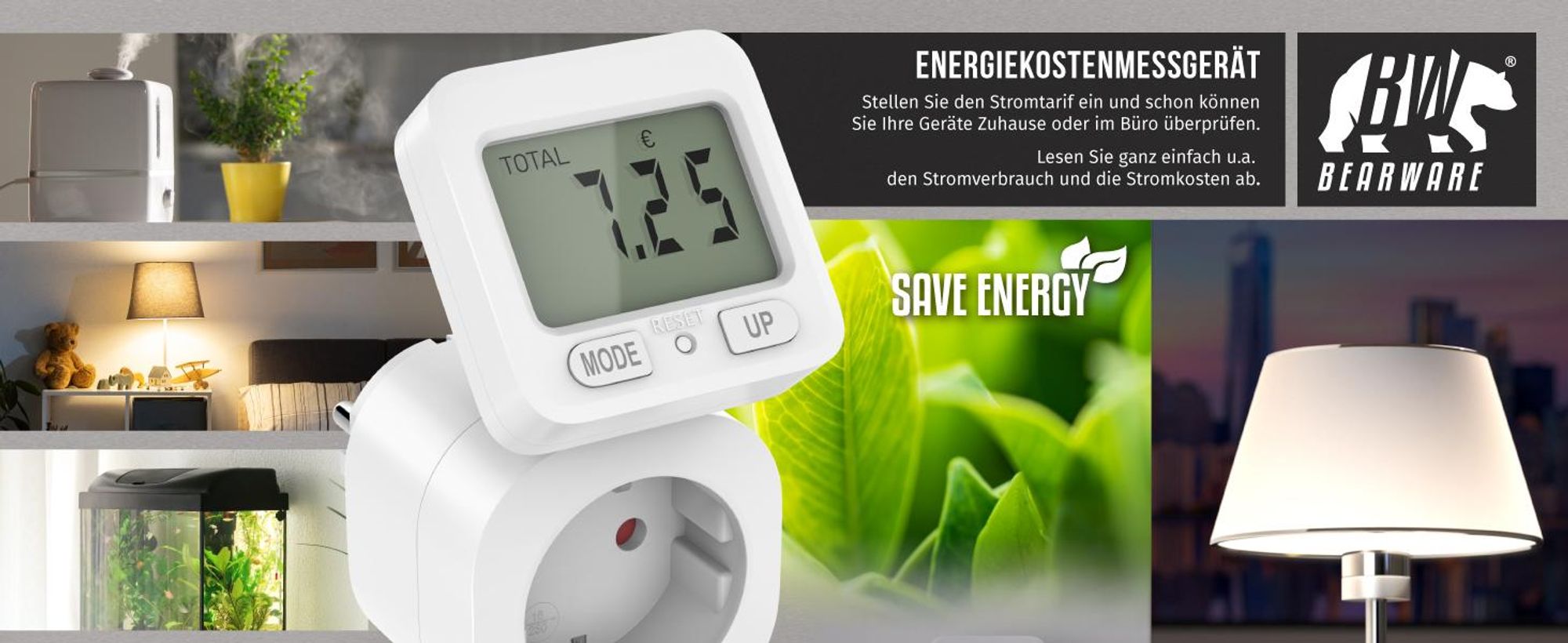 BEARWARE Energiekostenmessgerät, max. 3680 W, Strommesser, Stromverbrauchszähler, 1,8 " Display, 1-tlg., Stromkostenmessgerät, Steckdose Stromzähler, Schwenkbares Display