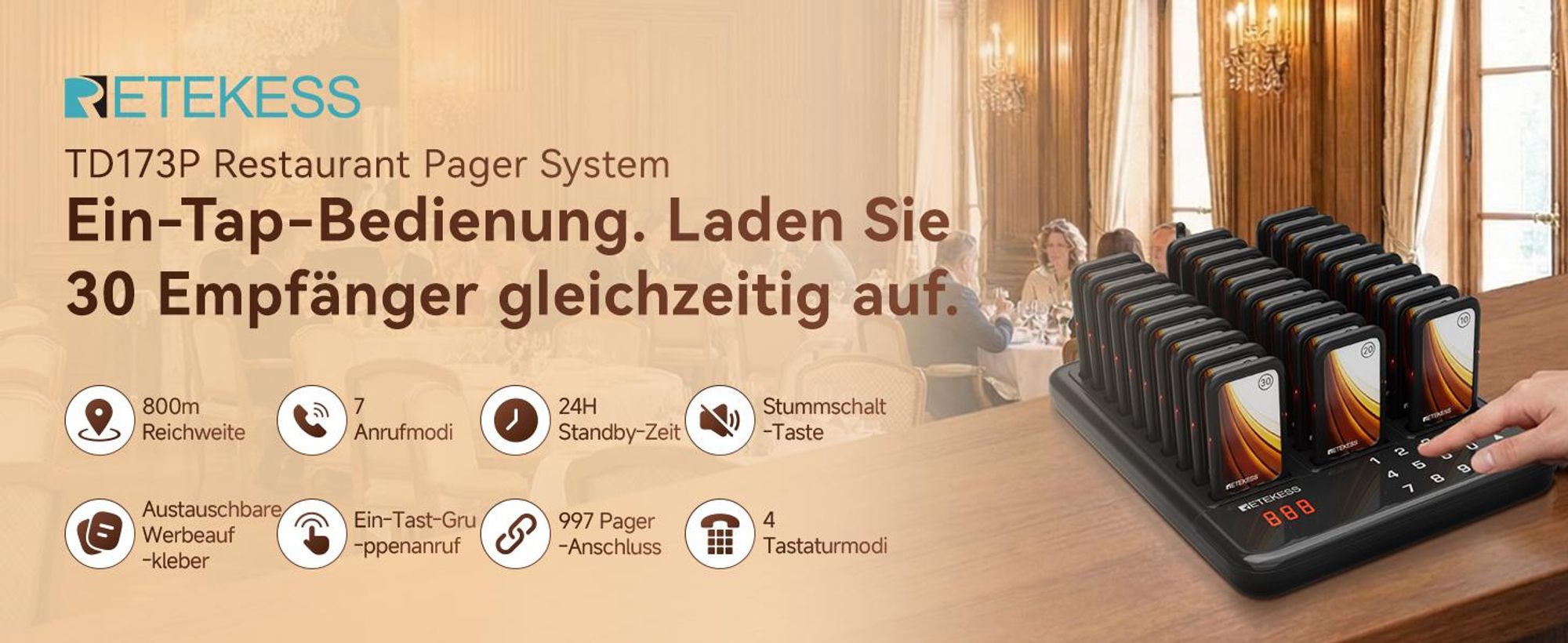 Retekess TD173P Pager Rufsystem, Restaurant Pager, 30 Pagers, 800M, Mit Stummschalttaste, 7 Anrufmodi, Gruppenanruf, Pager Gastronomie für Restaurant