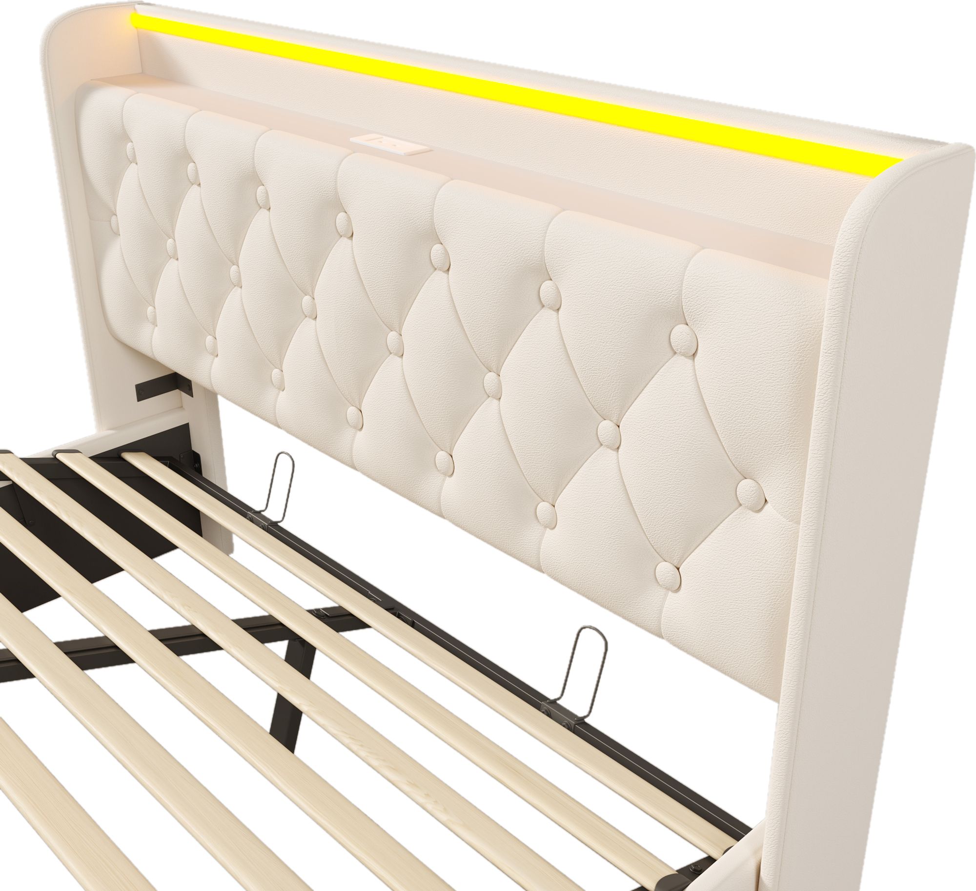 Flieks Polsterbett 140x200cm mit Ladefunktion (USB&Typ-c), Jugendbett Doppelbett Stauraumbett mit LED, Hydraulisches Boxspringbett, PU, Weiß