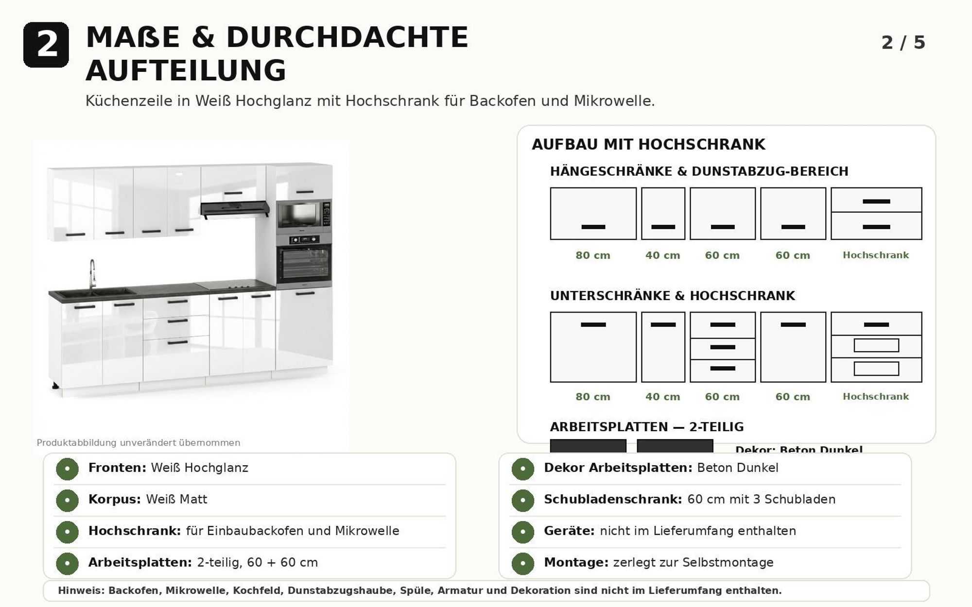 Praktische Küche mit Hochschrank für Backofen und Mikrowelle sowie drei geräumigen Schubladen.