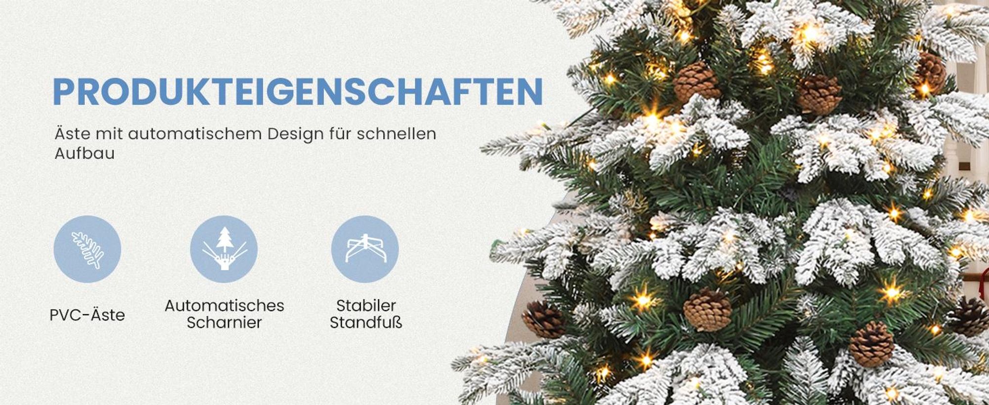 180cm Künstlicher Weihnachtsbaum mit Schnee & 300 LED Beleuchtung & 29 Kiefernzapfen, ca. 900 Spitzen, Tannenbaum mit Metallständer