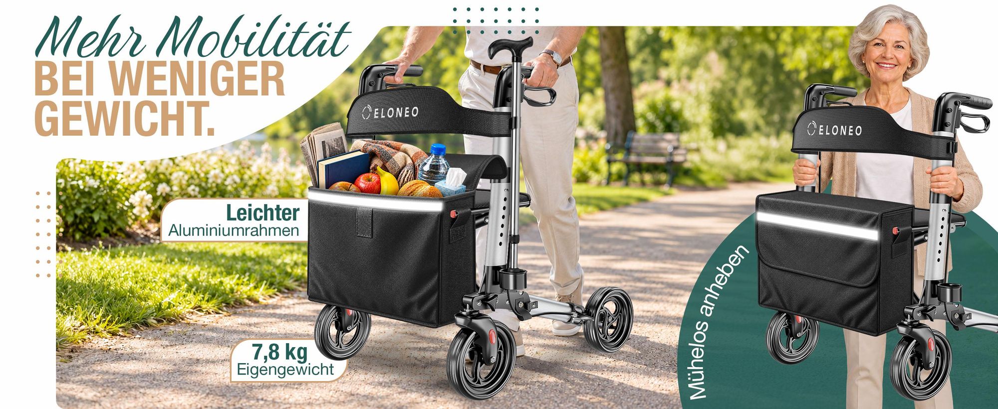 ELONEO Rollator faltbar und leicht mit Sitz, Leichtgewicht-Reiserollator aus Aluminium, Gehhilfe 8-fach höhenverstellbar, Laufhilfe 3-fach faltbar