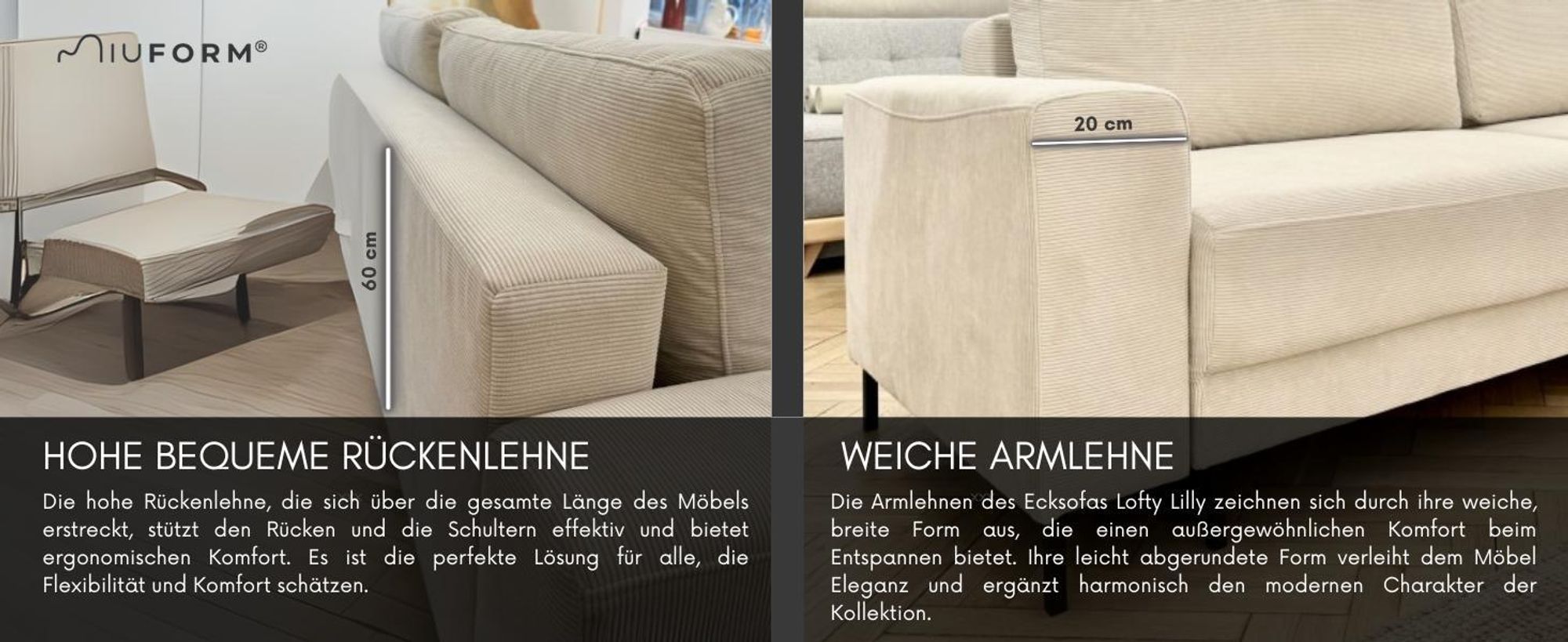 MIUFORM Lofty Lilly - Ecksofa mit Bettfunktion und Bettkasten U-FORM RECHTS - 303 x 197 cm - Beige - Sofa Schlafsofa Couch