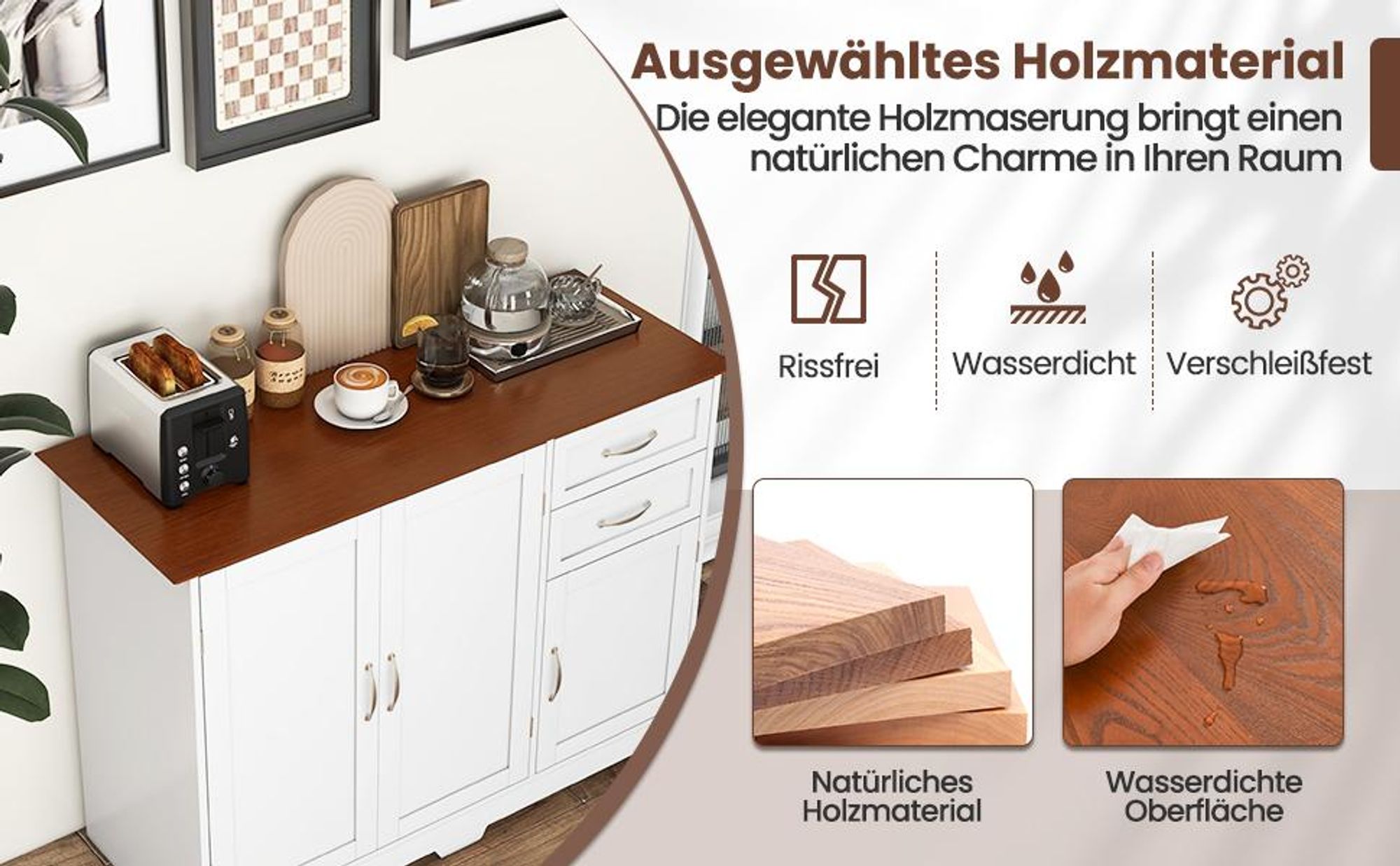 COSTWAY Sideboard Küchenschrank Weiß, Kücheninsel mit Arbeitsplatte 100×40cm Buffetschrank mit 3-Türen, 2 Schubladen & verstellbare Ablagen