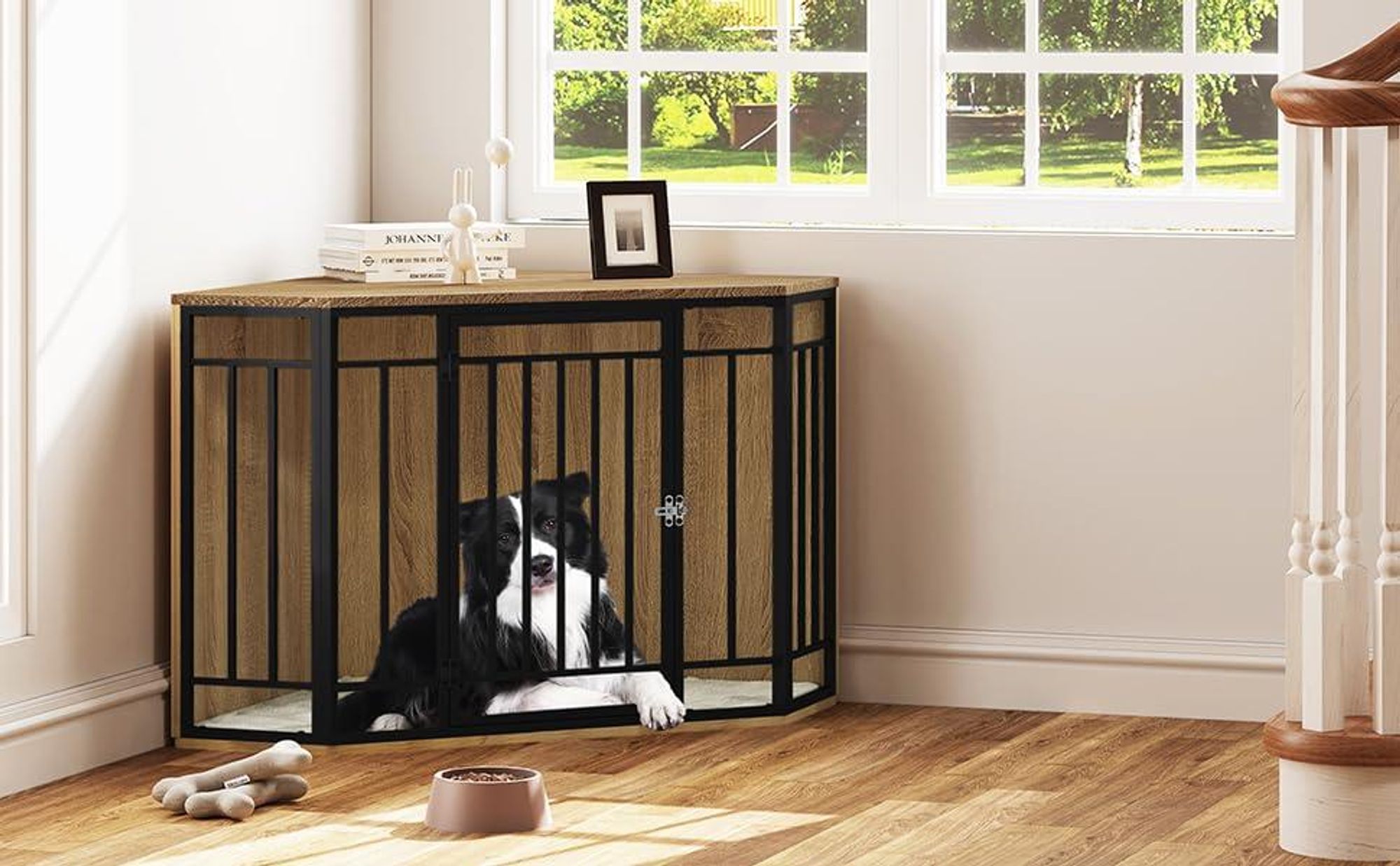 EUGAD Ecke-Hundekäfig mit Tür für Zuhause, Helle Eiche + Schwarz 111x67x60 cm