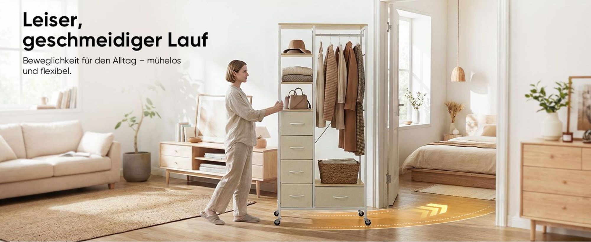 HOKEEPER Kleiderständer auf Rollen, fahrbarer Kleiderständer mit Schubladen, Kleiderstange, Jackenständer, Haken, offener Kleiderschrank, Beige