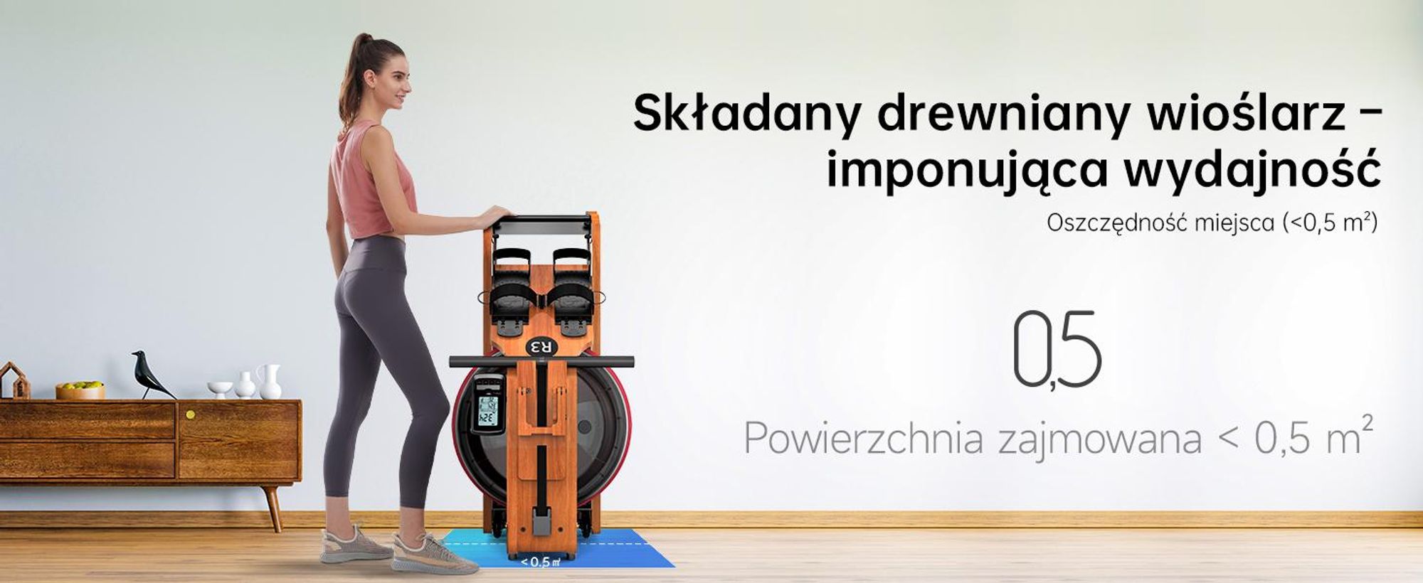 JASPORT R3 składany wioślarz z certyfikowanego drewna dębowego z oporem wodnym, Bluetooth, LCD, Kinomap, 28 l, do 150 kg – Cherry