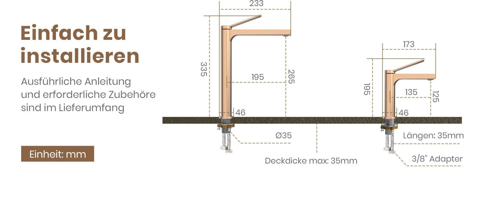 EMKE Wasserhahn Bad Roségold 335x233x46mm, Messing, Keramikkartusche, Badarmatur, Mischbatterie Waschbecken-Armatur, Waschtischarmatur
