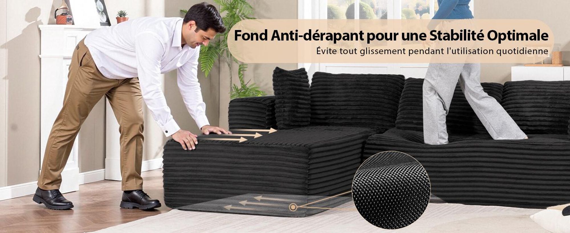 COMHOMA Sofa Big-Sofa, Canapé en L, Canapé d'angle, Chaiselongue Canapé-lit avec assise profonde et larges accoudoirs, tissu velours côtelé, noir-R