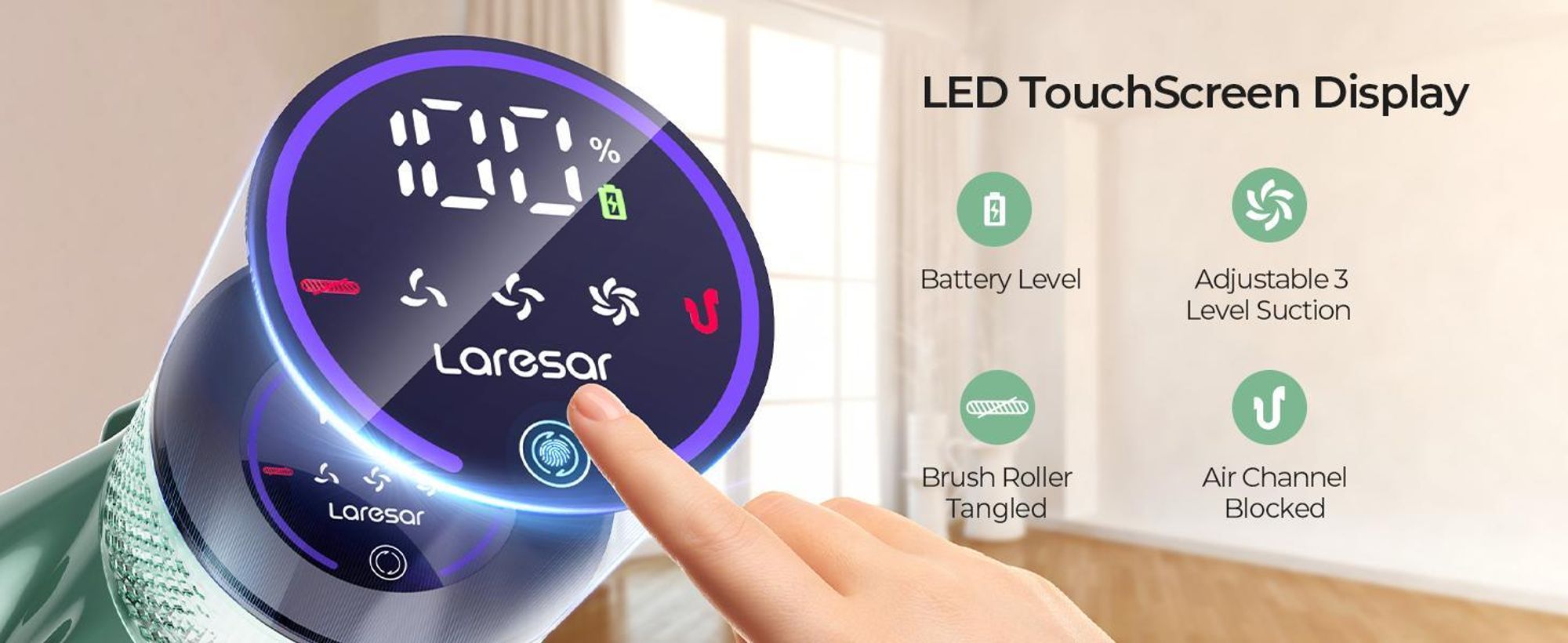 Laresar V7pro Odkurzacz bezprzewodowy , odkurzacz bezprzewodowy 600W/65 000pa z ekranem dotykowym, czas pracy do 60 minut