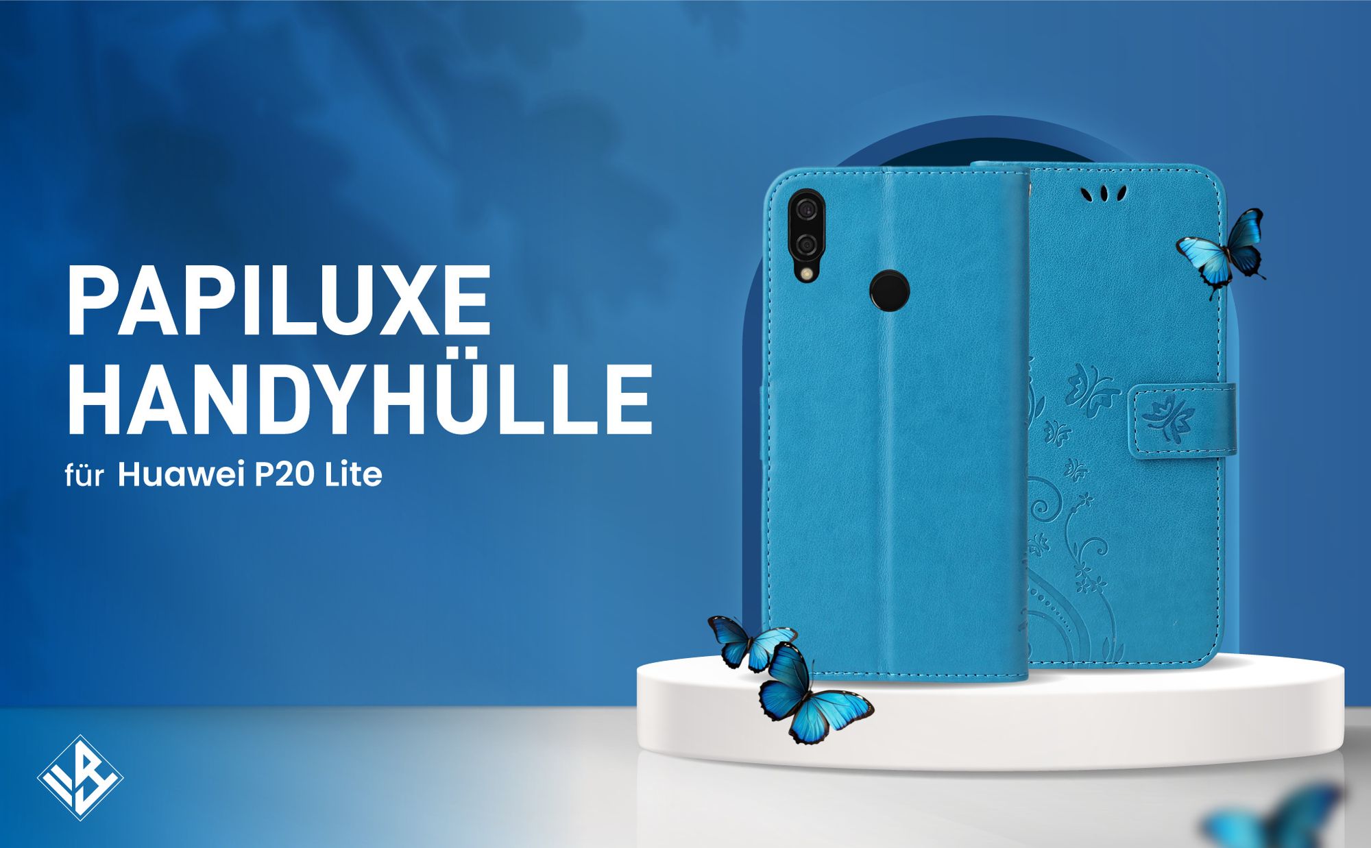 Blaue Klapphülle im Schmetterling Design für Huawei P20 Lite mit Wallet-Funktion