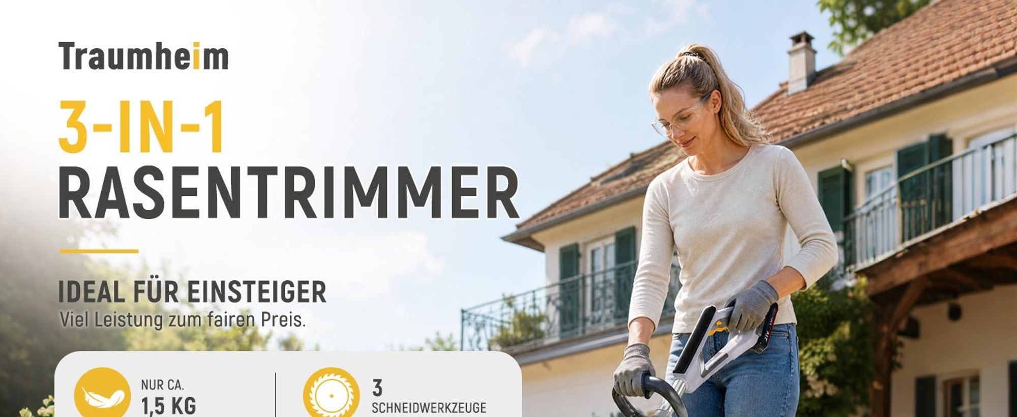 Traumheim Akku Rasentrimmer 21V, 3-in-1 Freischneider, 2x 2,0Ah Akku mit Ladegerät, Teleskopstiel, Kantenschneider, 3 Messerarten,für Garten und Rasen