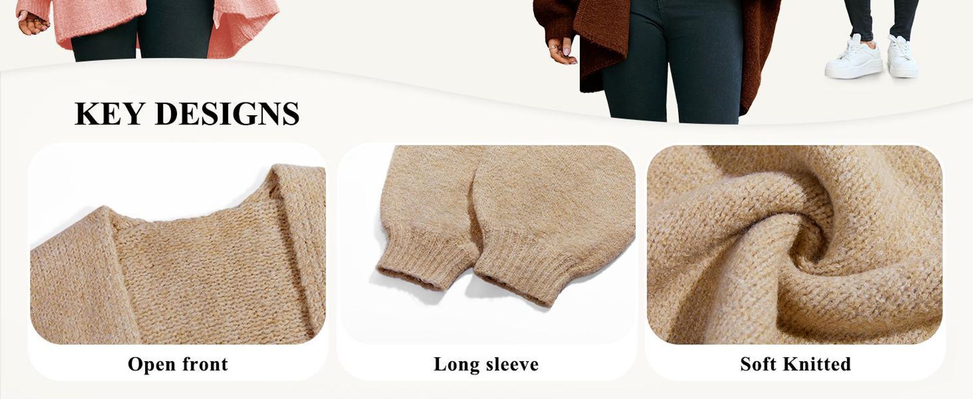 Oversize-Cardigan für Damen, offenes Design vorne, grob gestrickter Stoff,Größe:M