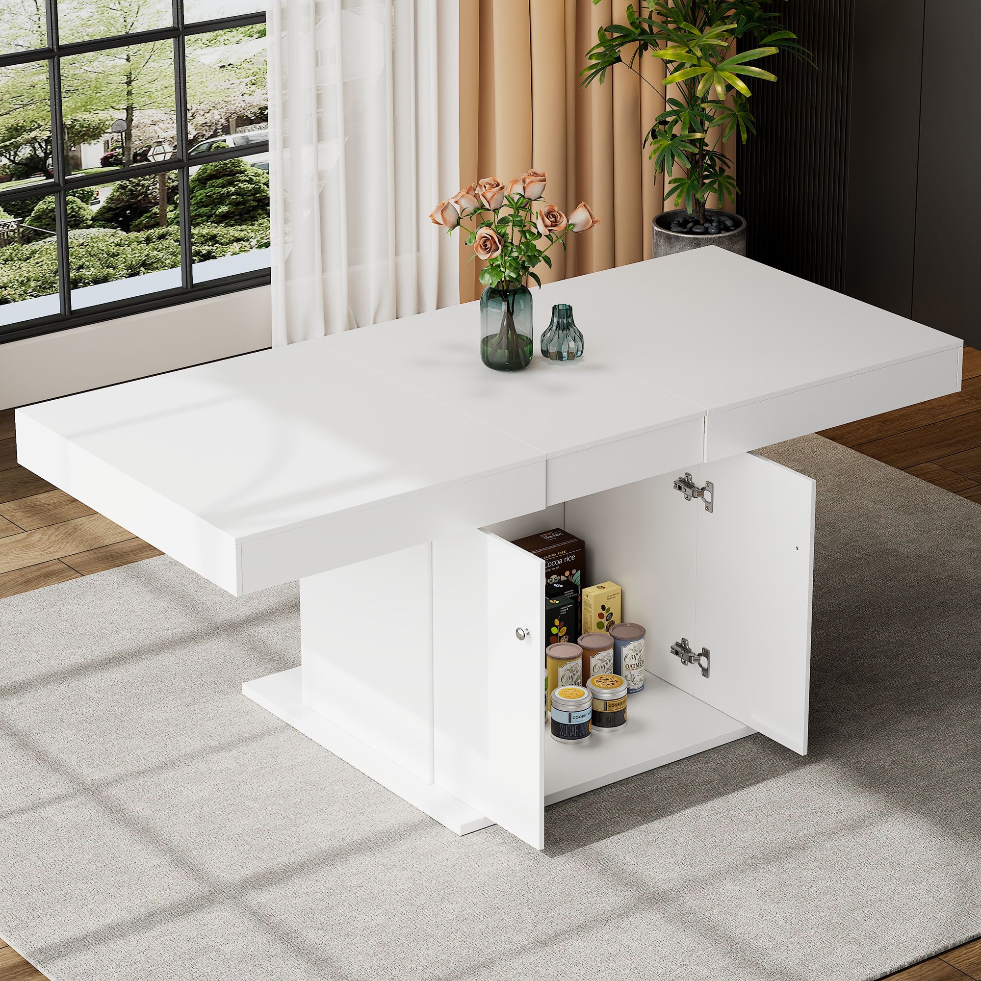 Flieks Ausziehbarer Esstisch Küchentisch mit Schrank, Rechteckig Esszimmertisch mit Stauraum, Ausziehbar Dehnbar Tisch, 140/180x80x76cm, Weiß
