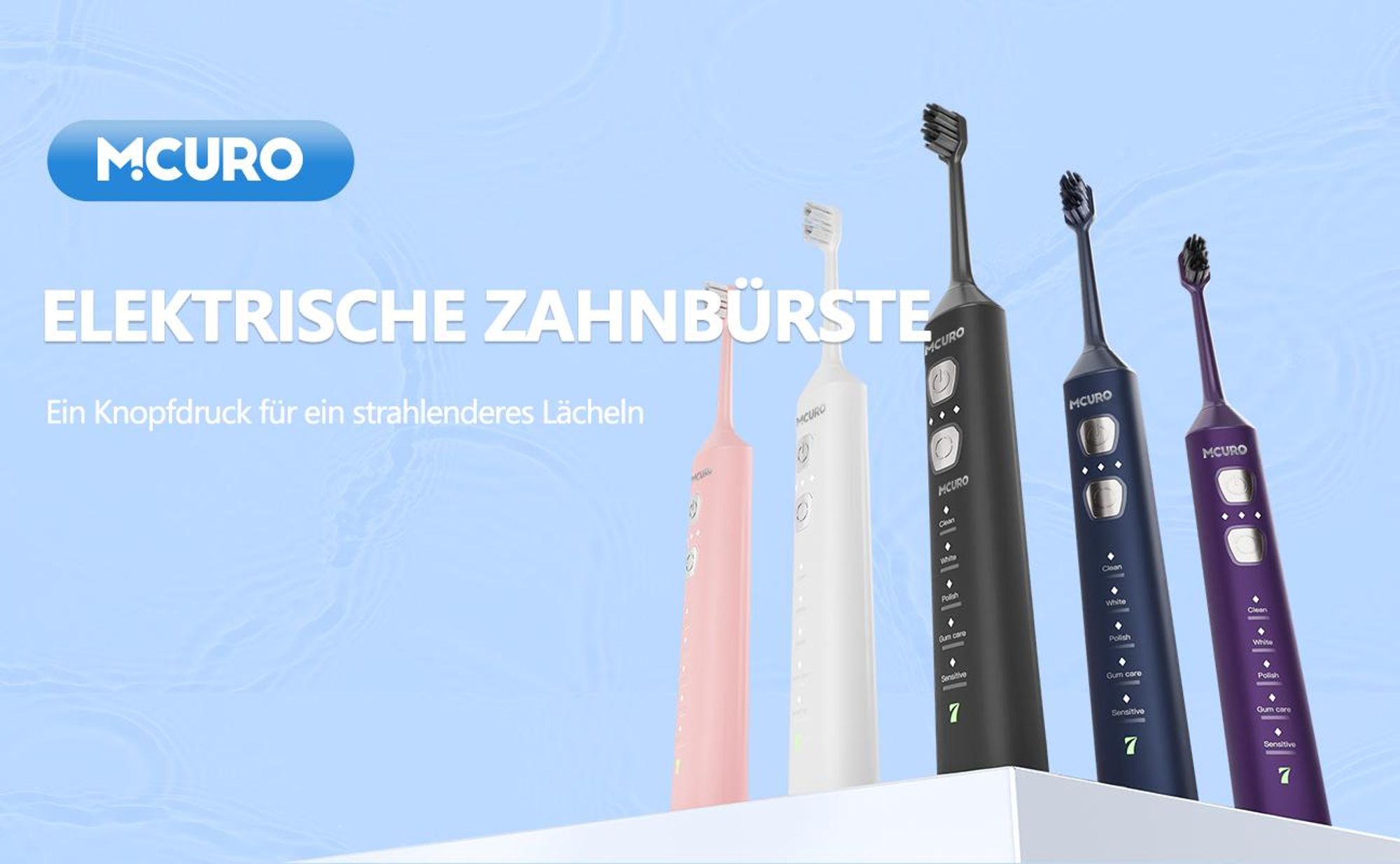 MCURO Elektrische Schallzahnbürste, 45.000 VPM, 5 Modi & 3 Intensitätsstufen, Type-C Schnellladung, 180 Tage Akku, 6 Bürstenköpfe, Weiß