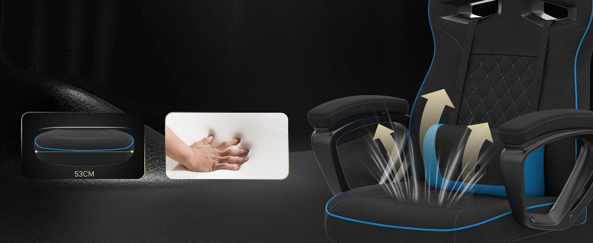 SENSE7 Knight Herní židle z látky Černá-modrá - Ergonomická kancelářská židle Kancelářská židle PC Počítačová židle Herní židle 120 kg