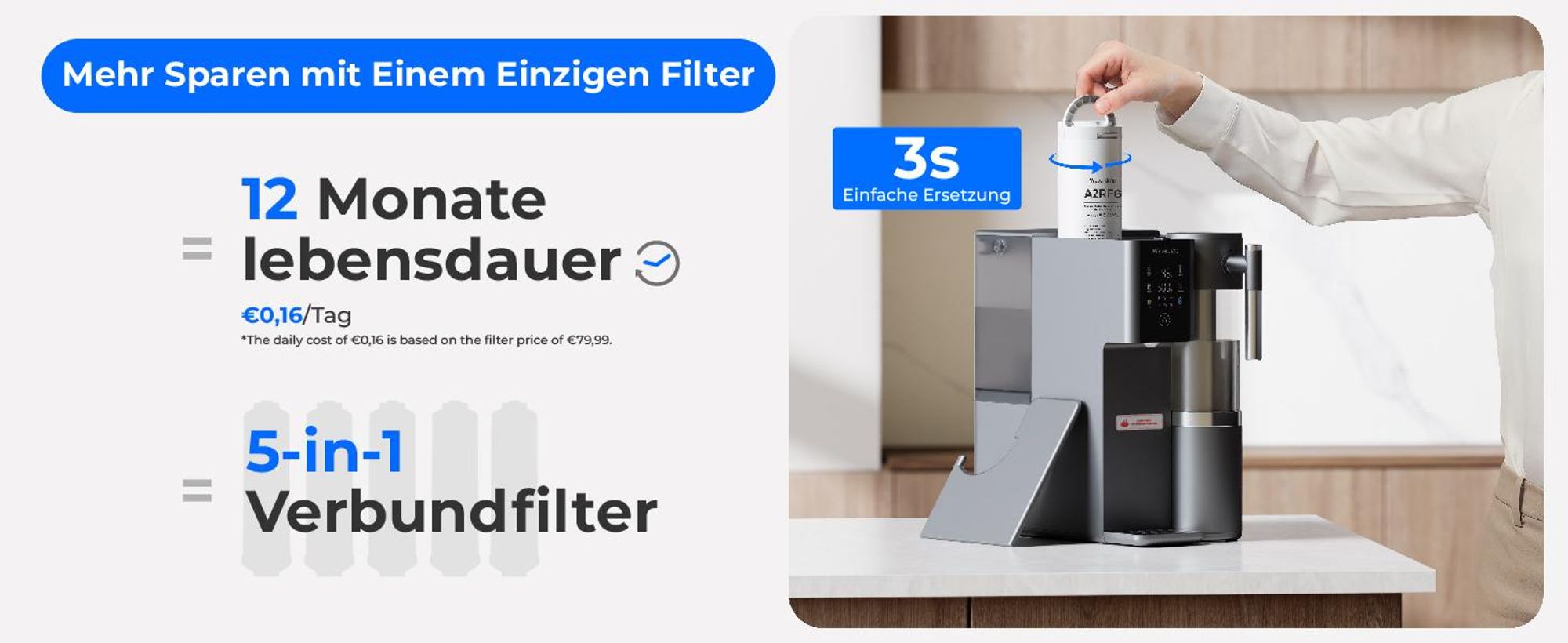 [Mineralisiert] Waterdrop WD-A2G Auftisch-Umkehrosmoseanlage, Heiß- und Kalt-RO, Tragbarer Reinwassertank, 6 Temperaturen