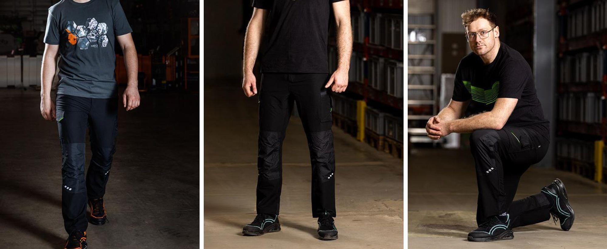 schwarze und grüne Hose, elastische Hose, Hose mit vorgeformten Knien