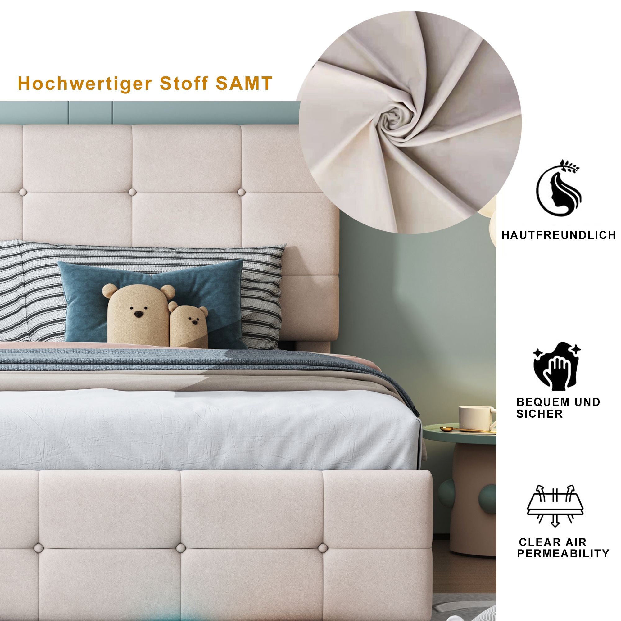 Flieks Hydraulisches Polsterbett 180x200cm mit Stauraum, Boxspringbetten Stauraumbett mit Lattenrost, Jugendbett Doppelbett Kinderbett, Samt, Beige