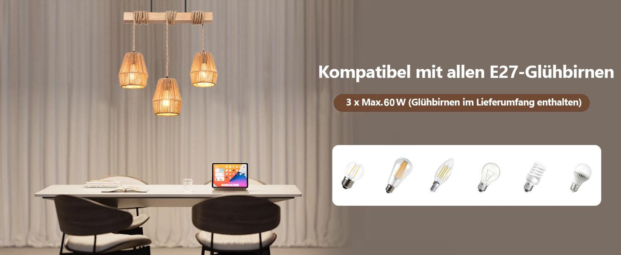 Pendelleuchte mit Rattan Lampenschirm E27 Fassung 3-flammige Hängelampe Höhenverstellbare Kronleuchter für Küche, Esstisch, Wohnzimmer
