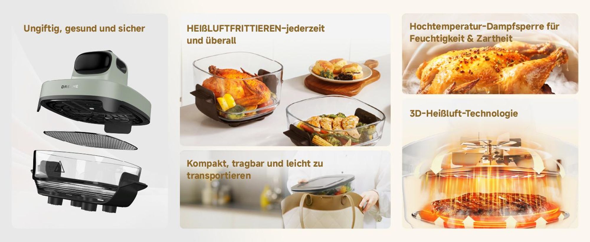 Dreame Tasti AirFryer 5-in-1 Heißluftfritteuse,6mm starkes,tragbares Borosilikatglas,3D-Heißluftzirkulation,spülmaschinenfest,360°Sicht,2.5l+4.5l,Grün