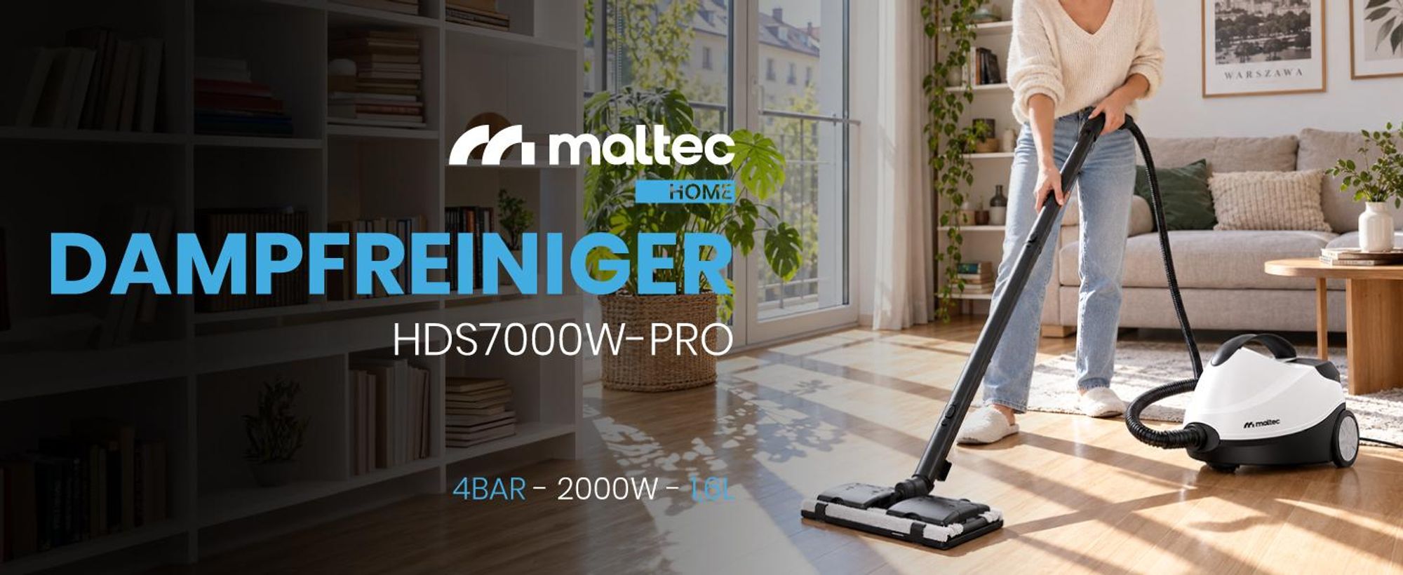 MalTec Dampfreininger HDS6000W-PRO mit Zubehör Dampfmop Mehrzweck Dampf-Sterilisierung Fensterputzer 2000W Weiss