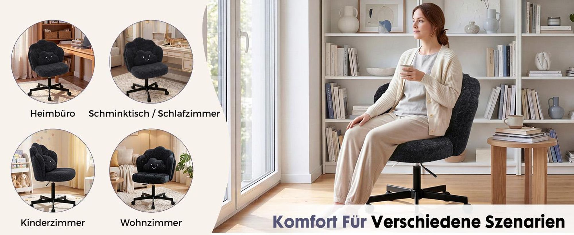 COMHOMA Schreibtischstuhl Bürostuhl, Schminkstuhl mit Rollen Rückenlehne und Wolkenkissen, Höhenverstellbarer Drehstuhl, Schimmernde Chenille, Schwarz