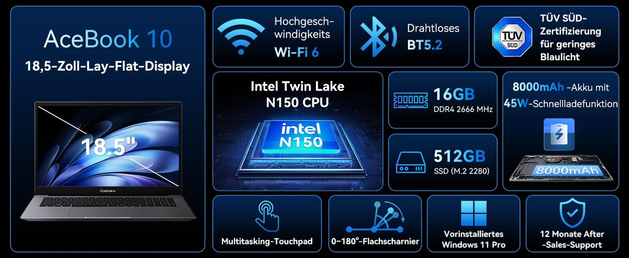 Blackview AceBook 10 18,5" FHD IPS Laptop mit 180&deg; Display & Blaulichtfilter - Intel N150, 16GB DDR4, 512GB SSD, 60,8Wh Akku, Win 11 Pro