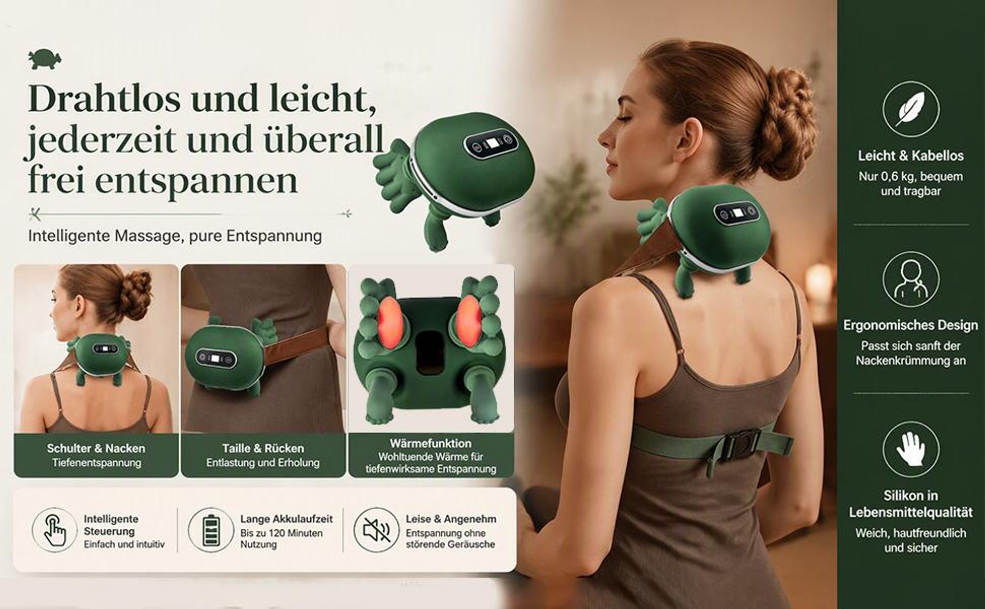 4D Nackenmassagegerät kabellos – mit Wärme (2 Stufen) & Touchscreen. Ergonomische Massage für Nacken & HWS. Ideal als Geschenk