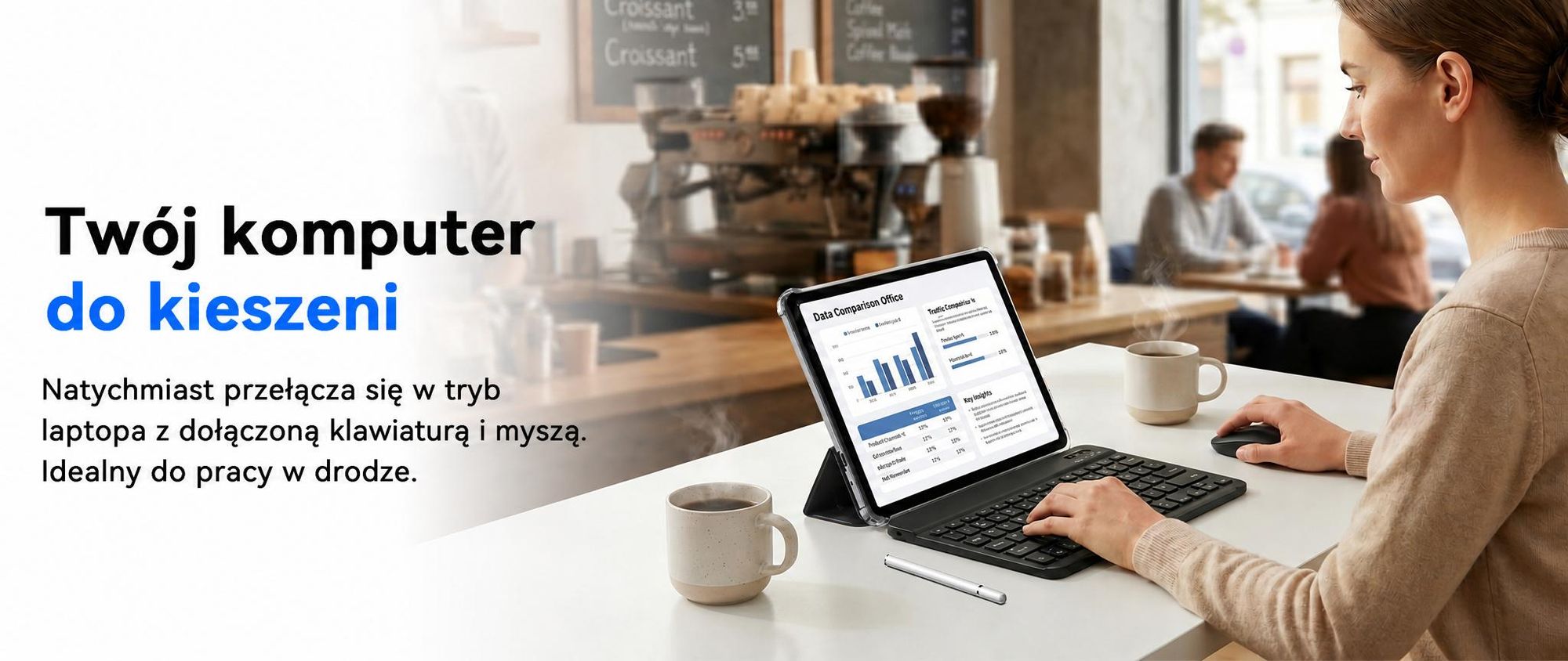 TABWEE T70, tablet 11 cali, 32 (8+24) GB pamięci, 256 GB pamięci wewnętrznej, system Android 16, bateria 8000 mAh, Bluetooth 5.0, rozpoznawanie twarzy, certyfikat Widevine L1, certyfikat Rheinland. W zestawie: klawiatura, mysz, rysik