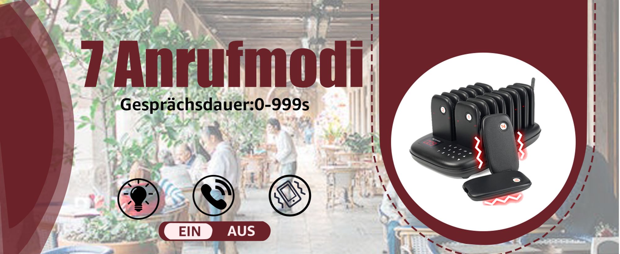 Retekess TD175 Drahtloses Pager-System, Restaurant Pager System, 800M, Vibration, Sofort Einsatzbereit Ohne Pairing, 7 Anrufmodi, für Speisewagen Bar