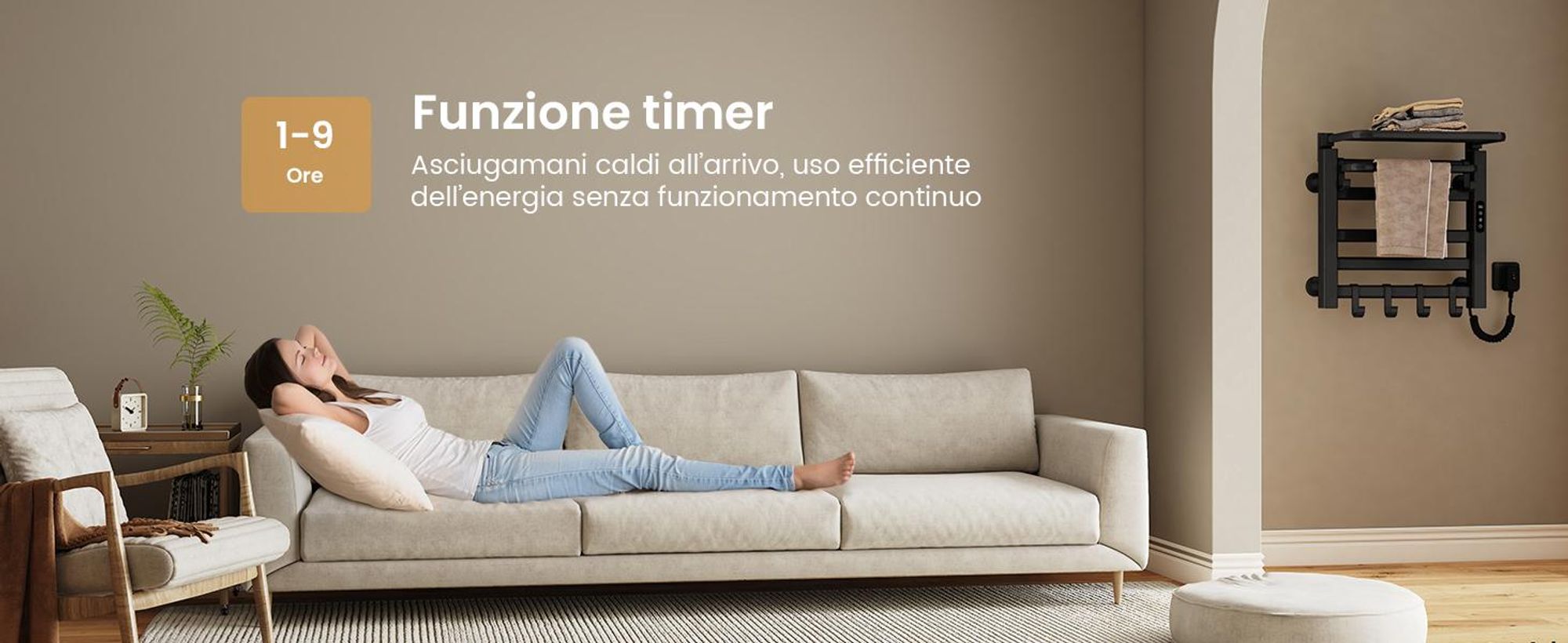 EMKE Scaldasalviette elettrico 500x500 mm, 140W, doppia fila, tubi piatti, ripiano e ganci, WiFi Tuya Alexa, nero opaco