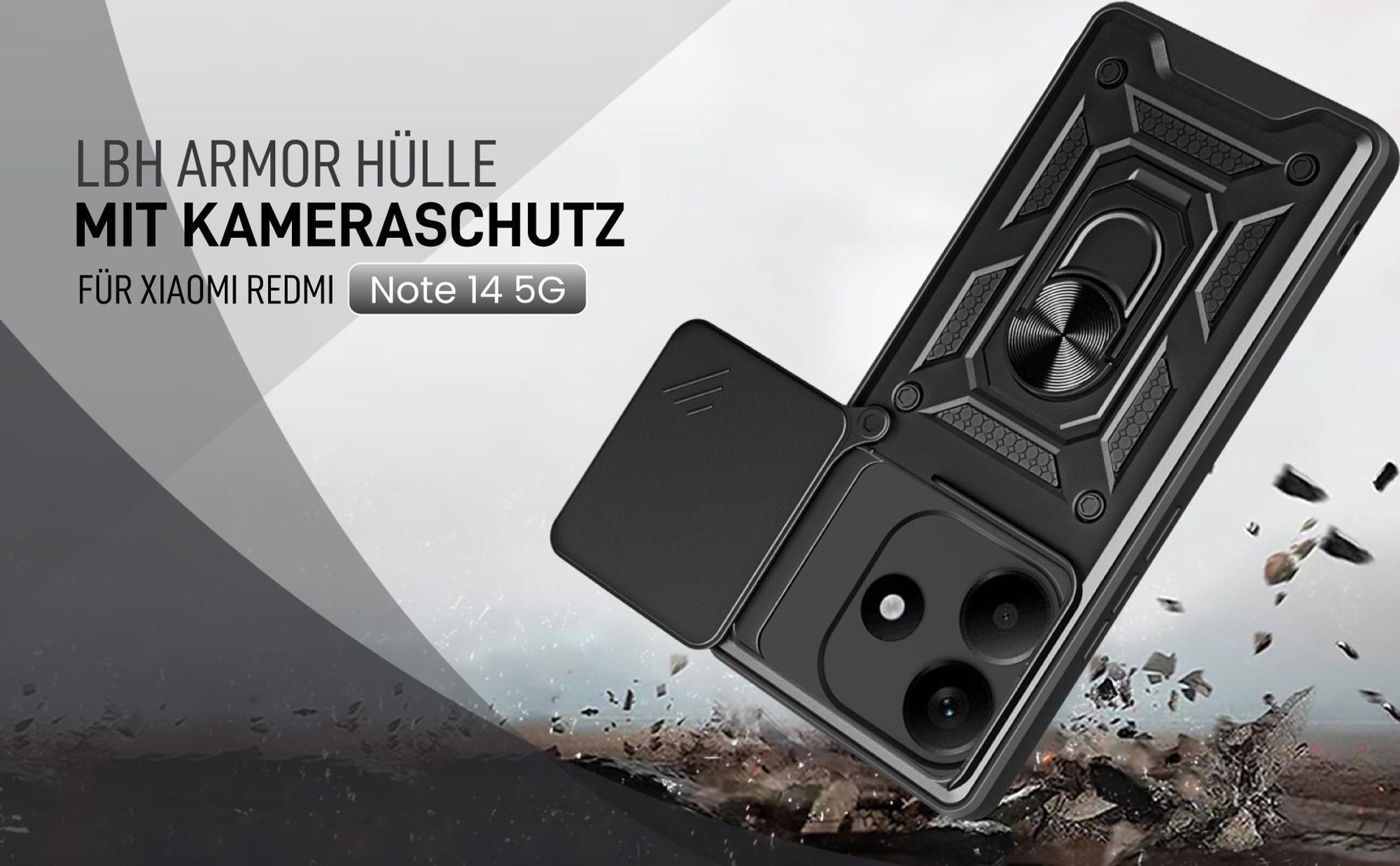 Schwarze Outdoorhülle mit Kameraschutz für Xiaomi Redmi Note 14 5G