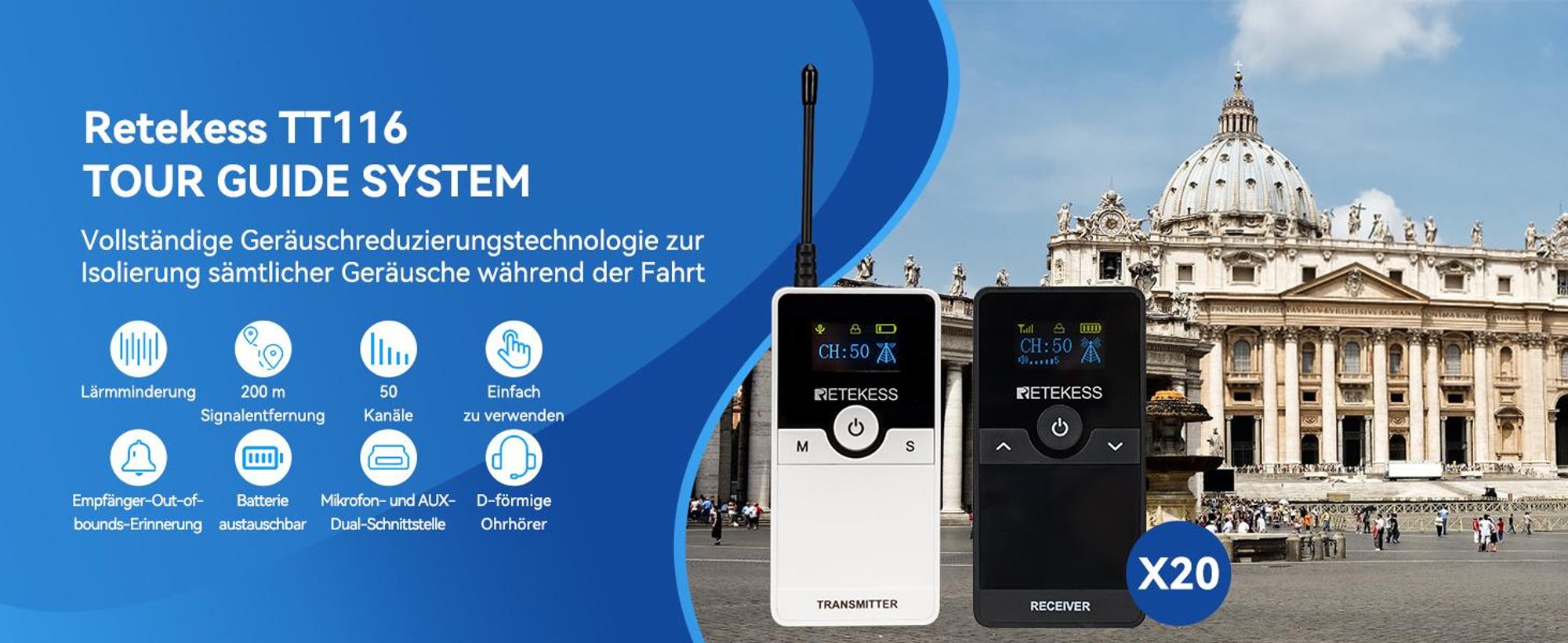 Retekess TT116 Tour guide system , 50-Kanal-Dolmetschersystem, 200 m Lärmreduzierung, Kabelloses Audio System für Tourismus, Kirche, Fabrik, Konferenz